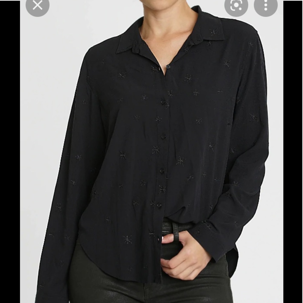 Pistola Revolve Evie Star Embroidered Button Down Long Sleeve Shirt Top Black XS